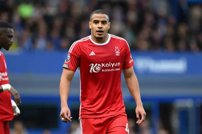 Murillo of Nottingham Forest is looking dejected during the Premier League match between Everton and Nottingham Forest at Goodison Park in Liverpool, on April 21, 2024.