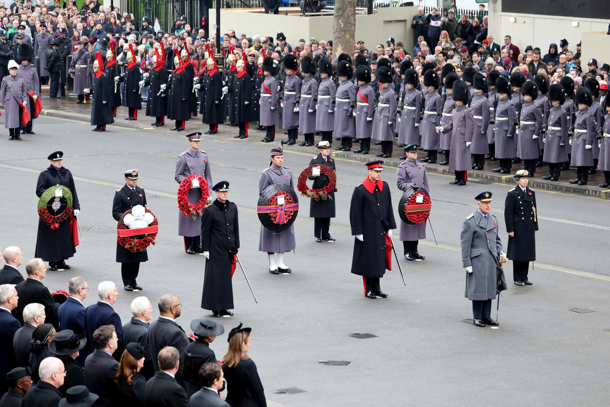 LONDON, ENGLAND - NOVEMBER 12: Prince William, Prince of Wales, King Charles III and Princess Anne, Princess Royal during the National Service of Remembrance at The Cenotaph on November 12, 2023 in London, England. Every year, members of the British Royal family join politicians, veterans and members of the public to remember those who have died in combat. (Photo by Chris Jackson/Getty Images)