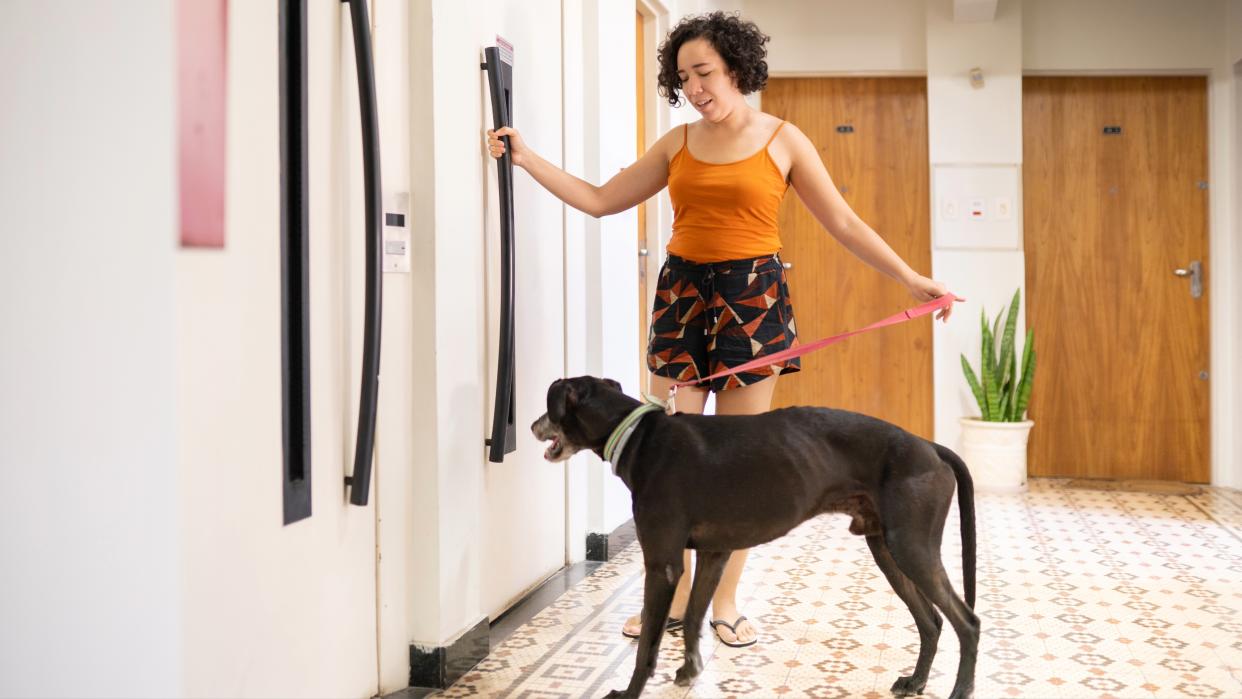  Woman and dog waiting by elevator . 