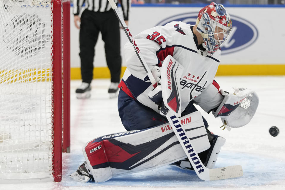 Washington Capitals goaltender Darcy Kuemper makes a save against the New York Islanders during the second period of an NHL hockey game Saturday, March 11, 2023, in Elmont, N.Y. (AP Photo/Mary Altaffer)