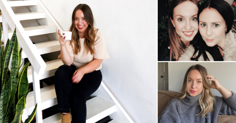 A collage of three photos featuring Sophie Bennett, who played Stevie Lake on the show. At left she sits holding a cup on a white set of stairs; at top right she is pictured with fellow star Lara; at bottom right she sits on a lounge in a warm grey jumper.