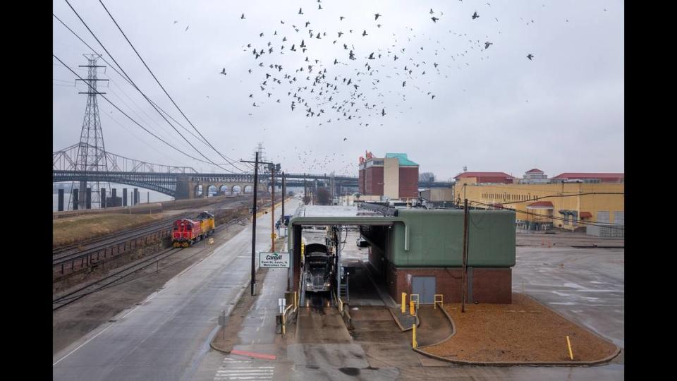 A truck pulls into a probing station, where its contents will be quickly tested and assigned a collection pit, on Friday, Dec. 22, 2023, at Cargill, Inc.’s facility in East St. Louis. For the third time in five years, the U.S. will import more agricultural products than it exports. However, this year’s deficit is tracking to be around $20 billion, far more than last year’s $2 billion deficit.