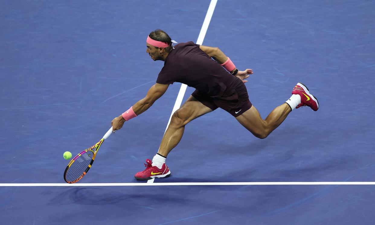 Rafael Nadal of Spain in action against Richard Gasquet of France during their Men's Singles Third Round match on Day 6 of the 2022 U.S. Open at USTA Billie Jean King National Tennis Center on Sept. 3, 2022, in Flushing, Queens.