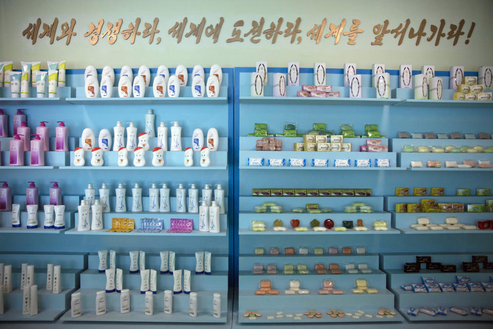 Products made by the Pyongyang Cosmetics Factory are on display in Pyongyang, North Korea, Saturday, Sept. 8, 2018. The Pyongyang Cosmetics Factory, which was recently renovated, is one of the North’s main producers of cosmetic items. (AP Photo/Ng Han Guan)