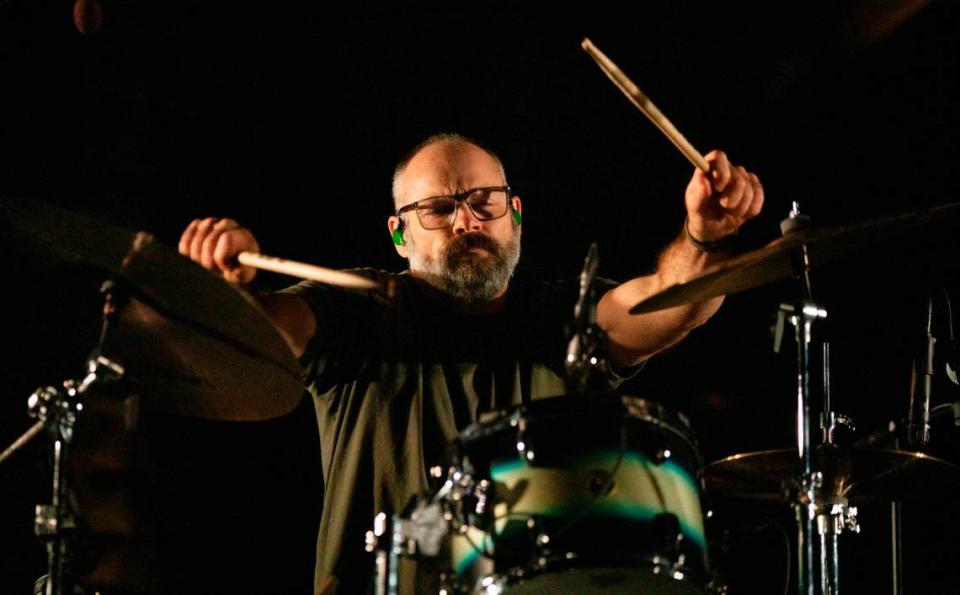 Jason McGerr, drummer for Death Cab for Cutie, in concert in Raleigh, N.C., Monday night, Oct. 3, 2022.