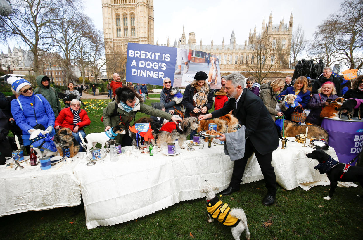 People pose with their dogs during the ‘Brexit Dogs Dinner’ protest outside the Houses of Parliament in London, Britain March 10, 2019. Photo: REUTERS/Henry Nicholls