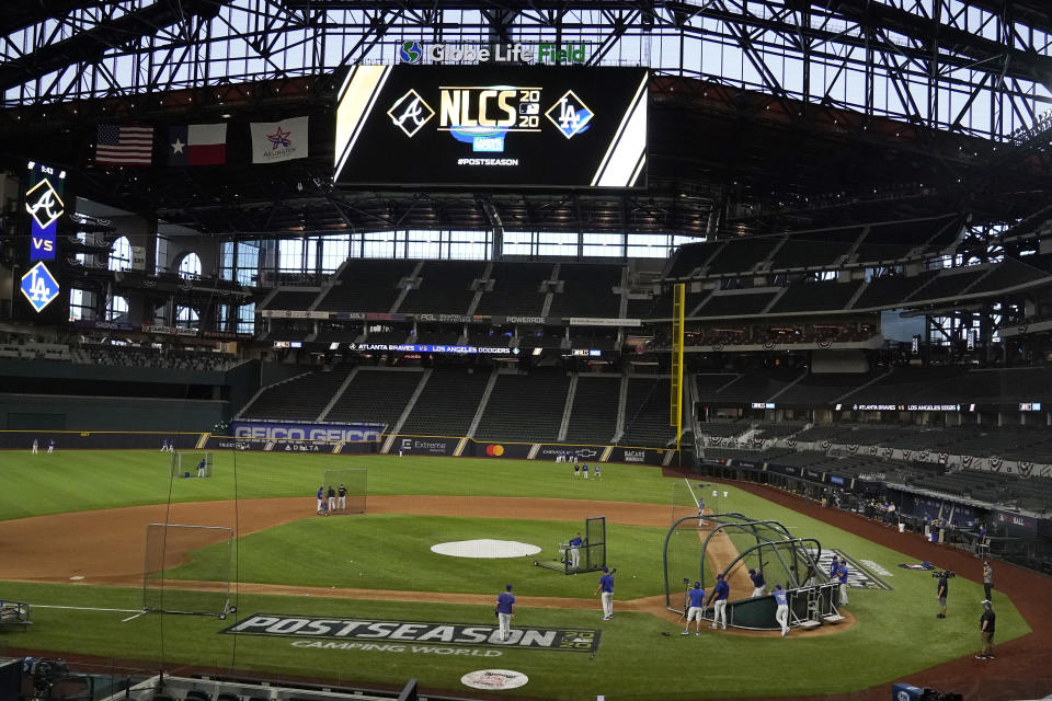 The Los Angeles Dodgers work out in Globe Life Field before the National League Championship Series against the Atlanta Braves in Arlington, Texas, Sunday, Oct 11, 2020. The series begins Monday, Oct. 12. (AP Photo/Sue Ogrocki)