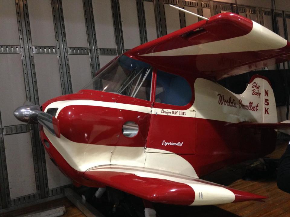 The Stits Sky Baby was once the world’s smallest plane with a wingspan of 7-feet and standing only 5-feet tall, is seen at the National Air and Space Museum’s Udvar-Hazy Center in Chantilly, Va., Thursday, Jan. 23, 2014, where it will go on display. Faced with an ongoing shortage of space for storage and care of its massive collection, the Smithsonian’s new restoration hangar for the nation’s historic aircraft and spacecraft and spacesuit collections is a bright spot for the museum complex in northern Virginia. Last year, the Smithsonian’s inspector general testified in Congress that the continued use of substandard facilities was a risk to important art and science collections. (AP Photo/Brett Zongker)