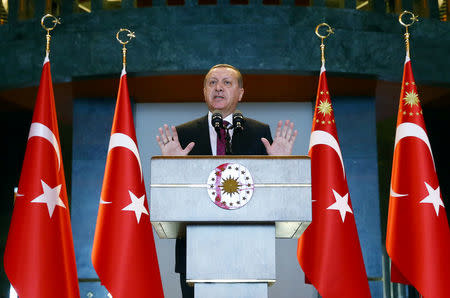 Turkey's President Tayyip Erdogan addresses district governors at the Presidential Palace in Ankara, Turkey, January 10, 2017. Kayhan Ozer/Presidential Palace/Handout via REUTERS