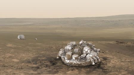 An illustration released by the European Space Agency (ESA) shows the Schiaparelli EDM lander. A European space lander reached Mars on October 19, 2016 in what scientists hope will mark a major milestone in exploration of the Red Planet, but whether it touched down on the surface in good working condition was far from certain. ESA/ATG medialab/Handout via REUTERS