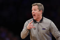 Florida Atlantic head coach Dusty May directs his team in the first half of an Elite 8 college basketball game against Kansas State in the NCAA Tournament's East Region final, Saturday, March 25, 2023, in New York. (AP Photo/Adam Hunger)