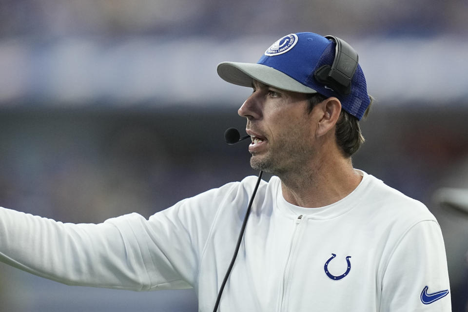 Indianapolis Colts head coach Shane Steichen looks on during the second half of an NFL football game against the Los Angeles Rams, Sunday, Oct. 1, 2023, in Indianapolis. (AP Photo/Darron Cummings)