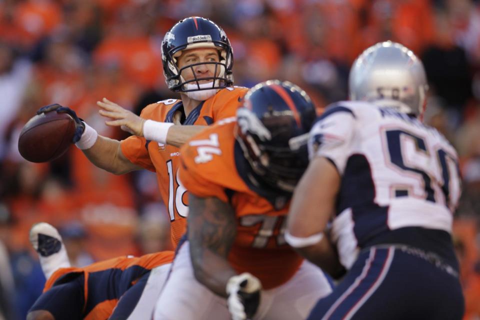 Denver Broncos quarterback Peyton Manning (18) passes during the second half of the AFC Championship NFL playoff football game against the New England Patriots in Denver, Sunday, Jan. 19, 2014. (AP Photo/Joe Mahoney)