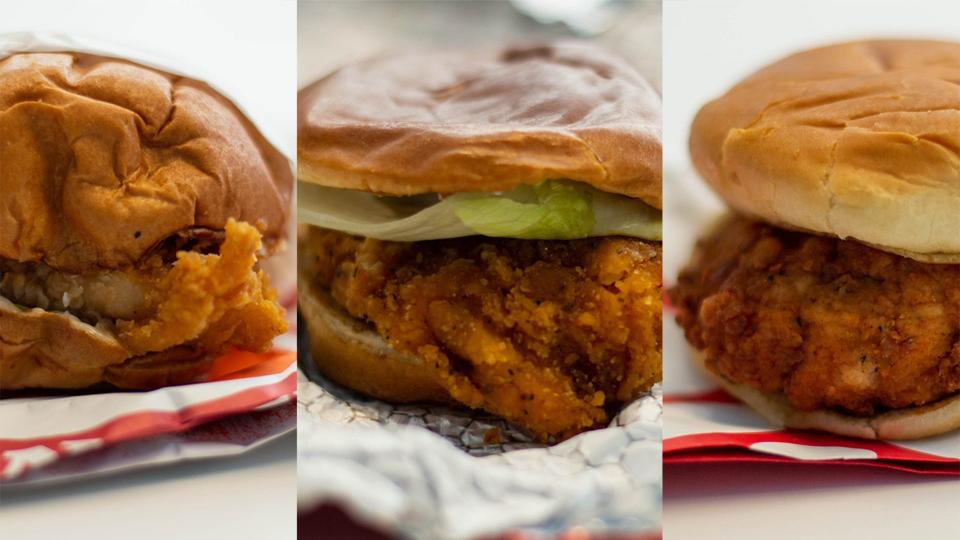 From left: Spicy chicken sandwiches from Popeye's, Wendy's and Chick-fil-A at the Detroit Free Press office, Thursday, Sept. 5, 2019. Chickencomposite