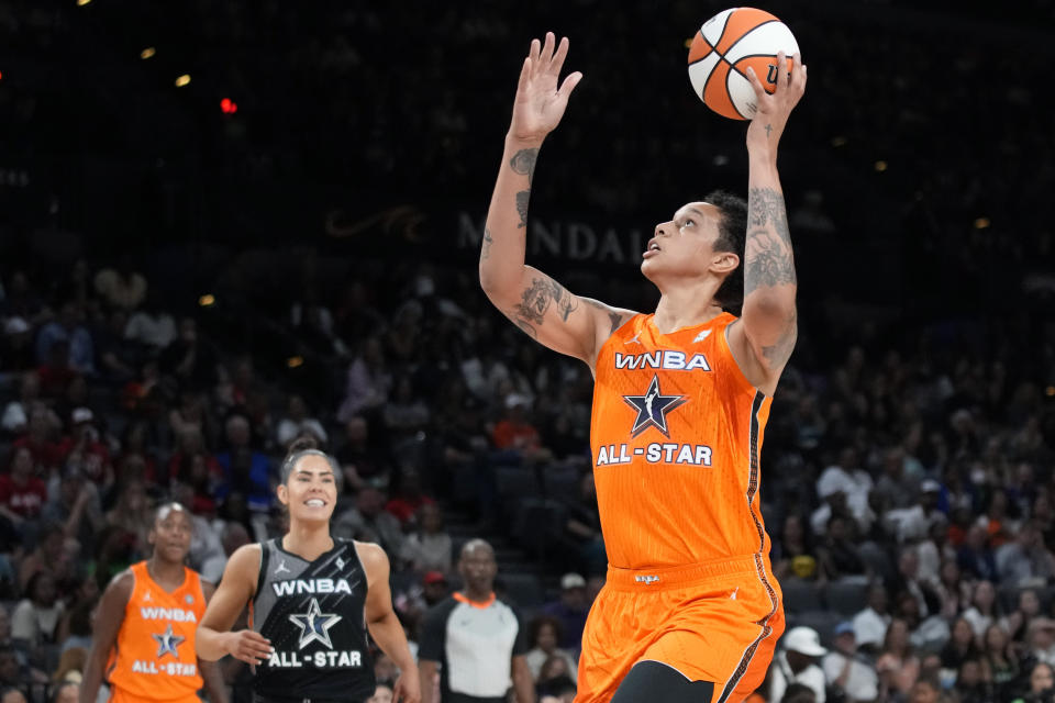 Phoenix Mercury's Brittney Griner, of Team Stewart, shoots against Team Wilson during the second half of a WNBA All-Star basketball game Saturday, July 15, 2023, in Las Vegas. (AP Photo/John Locher)