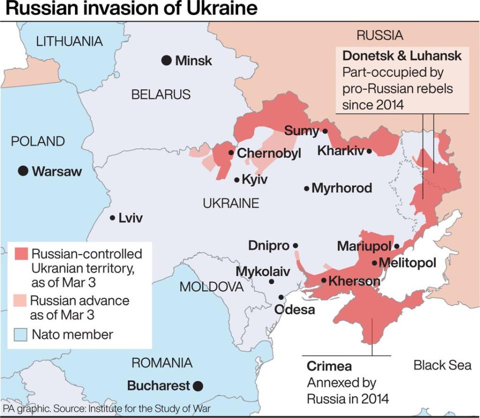 This map shows the extent of Russia’s invasion of Ukraine (Press Association Images)