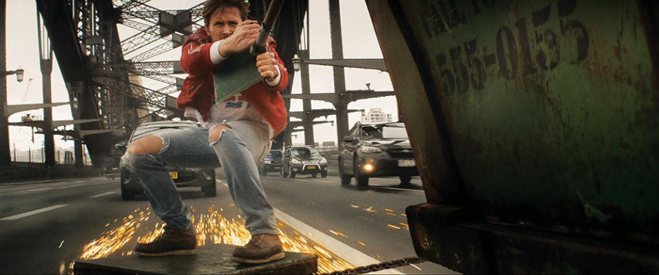 Gosling being pulled across the Sydney bridge in one of the more technical and dangerous stunts he did himself in The Fall Guy.