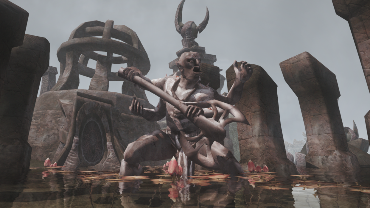  A statue of an orcish figure wielding an axe from Tamriel Rebuilt's Andaram expansion. 