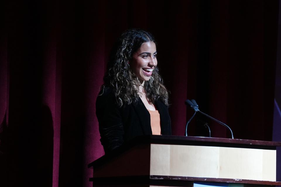 Abby Dennis of Old Tappan accepts the award for Girls Indoor Track & Field Athlete of the Year during the North Jersey Sports Awards at Passaic County Technical Institute in Wayne on Wednesday, June 28, 2023. 