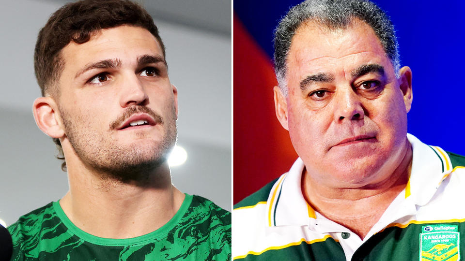 Nathan Cleary and Mal Meninga, pictured here speaking to the media ahead of the Rugby League World Cup. 