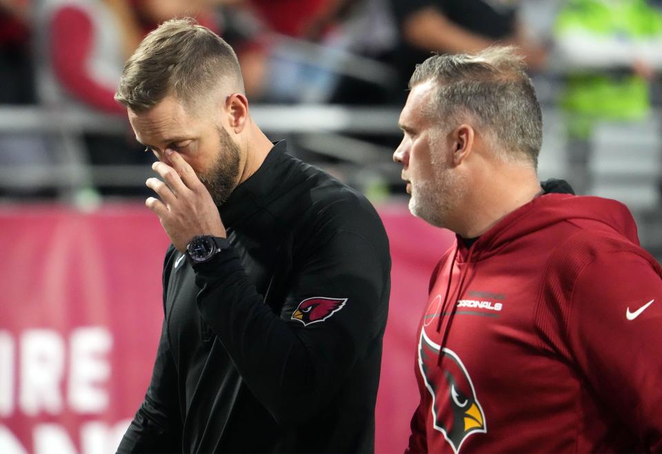 Jan 9, 2022; Glendale, Arizona, USA; Arizona Cardinals head coach Kliff Kingsbury reacts after losing to the Seattle Seahawks at State Farm Stadium.