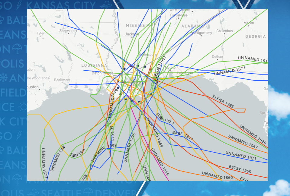 Hurricane paths within 50 miles of New Orleans