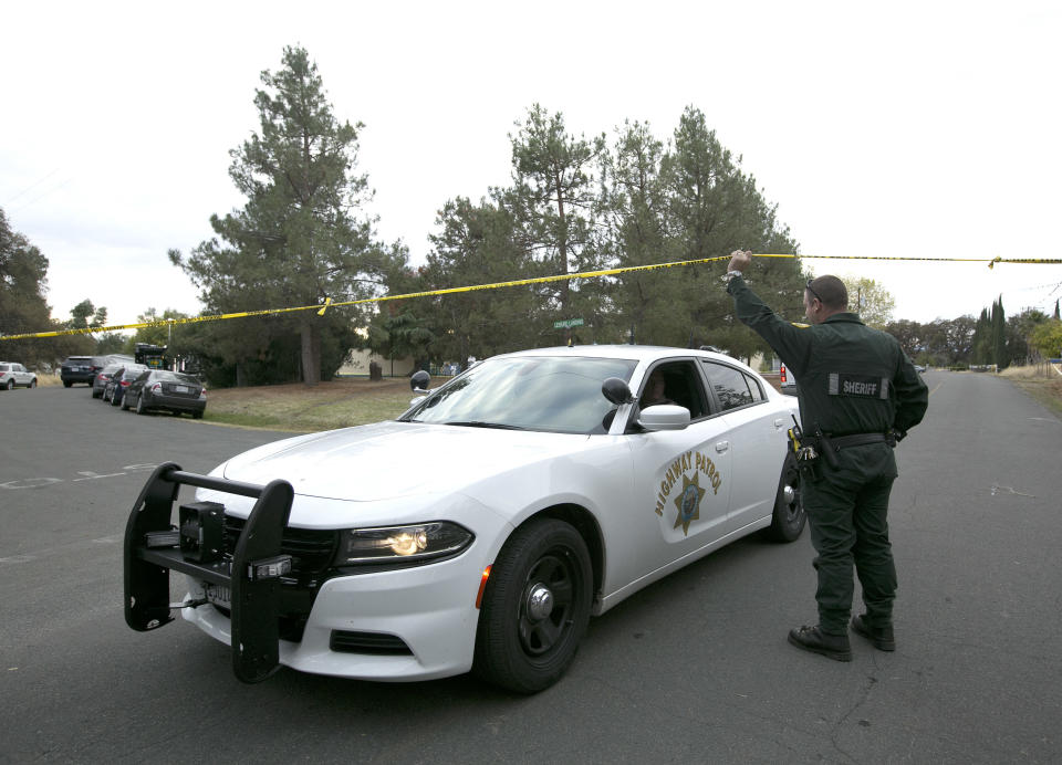 <p>A California Highway Patrol vehicle lives the Rancho Tehama Elementary school, one of the locations attacked by a lone gunman Nov. 14, 2017. (Photo: Rich Pedroncelli/AP) </p>