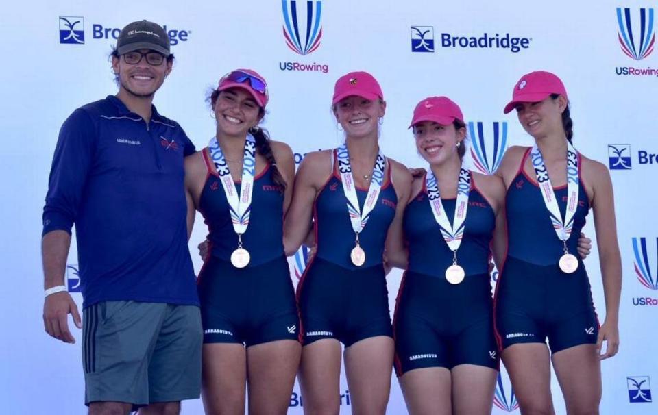 The Miami Rowing Club Girls U17 4x placed third to capture bronze at youth nationals in Sarasota. Photo Courtesy Miami Rowing Club