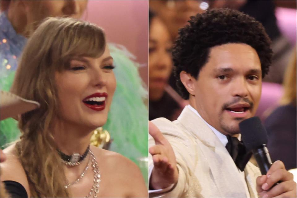 Taylor Swift (left) and Trevor Noah at the Grammys (CBS)