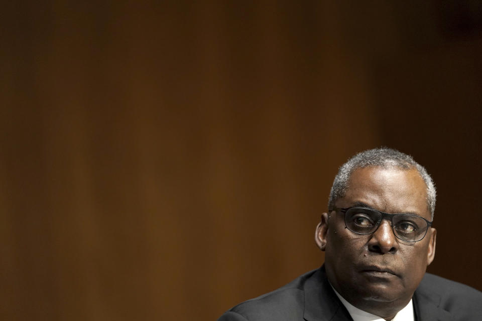 Secretary of Defense nominee Lloyd Austin, a recently retired Army general, listens during his conformation hearing before the Senate Armed Services Committee on Capitol Hill, Tuesday, Jan. 19, 2021, in Washington. (Greg Nash/Pool via AP)