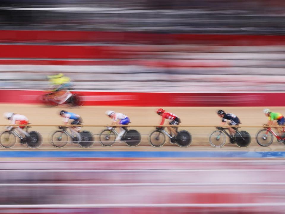 A blurred view of track cycling at the Tokyo Olympics