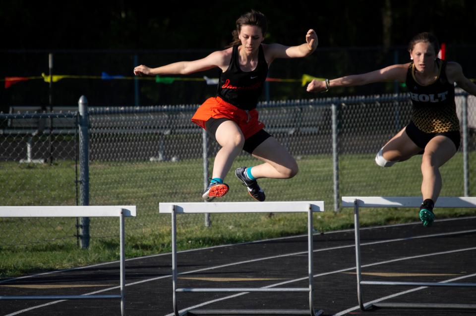 Jonesville's Hailie James competes in the 300-meter hurdles event