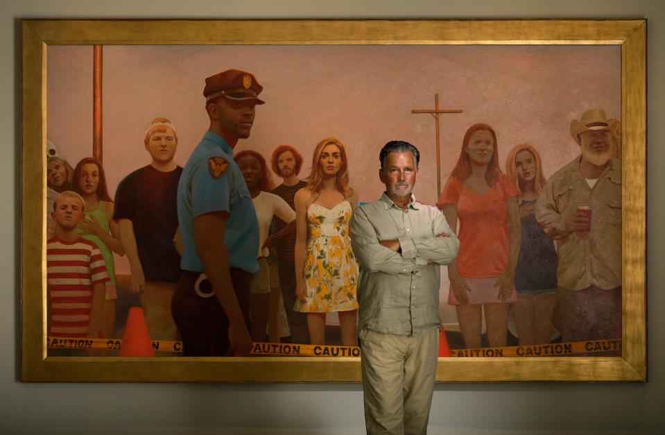 American realist painter Bo Bartlett with his painting "Crowd Scene" created in 2020 which is currently on display as part of "Bo Bartlett: Earthly Matters", the new exhibit at MOCA.