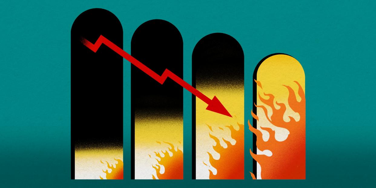 Illustration of a downward stock market arrow falling into a growing pit of fire.