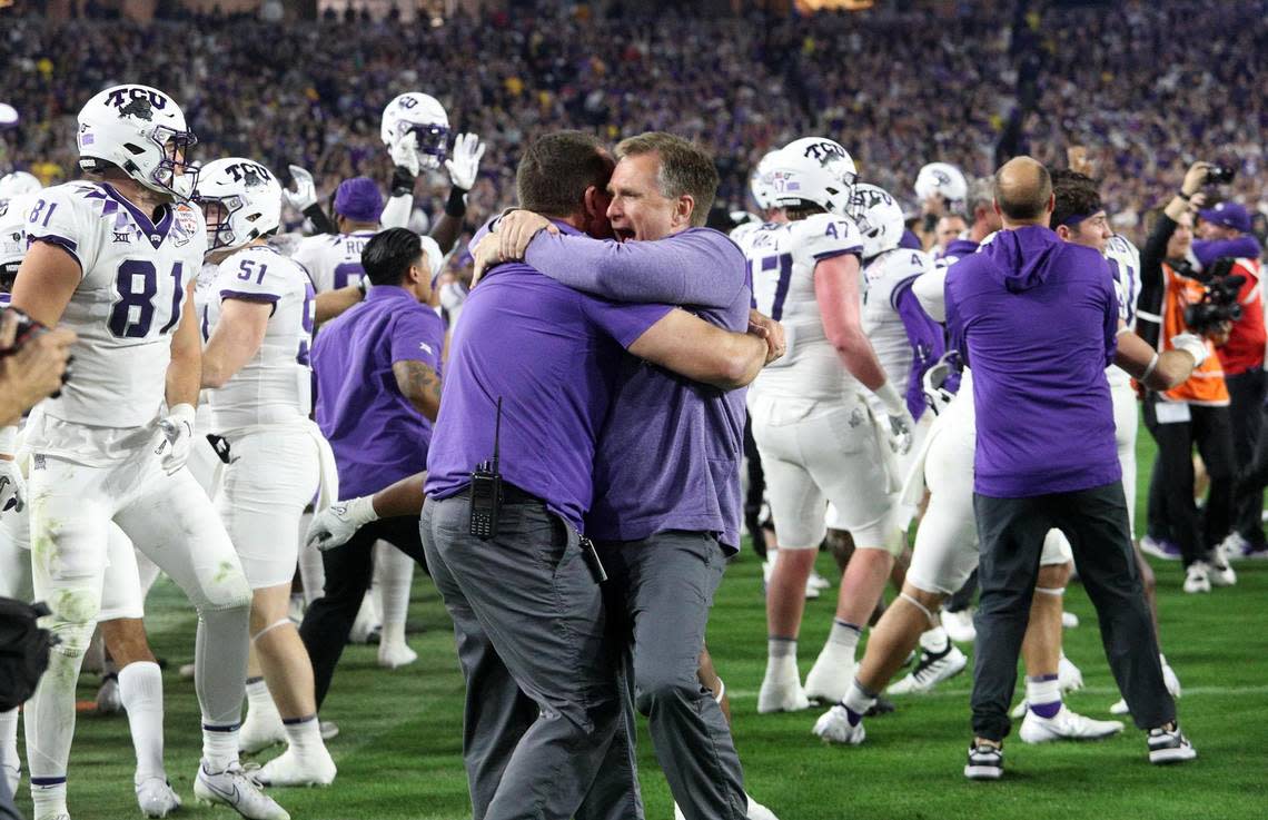 TCU celebrates their win over Michigan to become 2022 Vrbo Fiesta Bowl champions at State Farm Stadium in Glendale, Ariz., on Saturday.