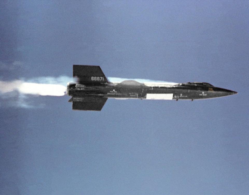 <div class="inline-image__caption"><p>The X-15, capable of speeding through the air at Mach 5, launches away from the B-52 mothership with its rocket engine ignited.</p></div> <div class="inline-image__credit">NASA</div>