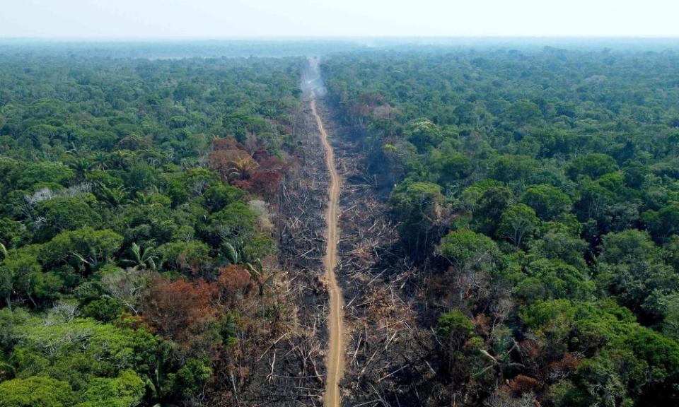 An aerial view of a deforested and burnt area of rainforest in Humaitá, Amazonas State, Brazil.