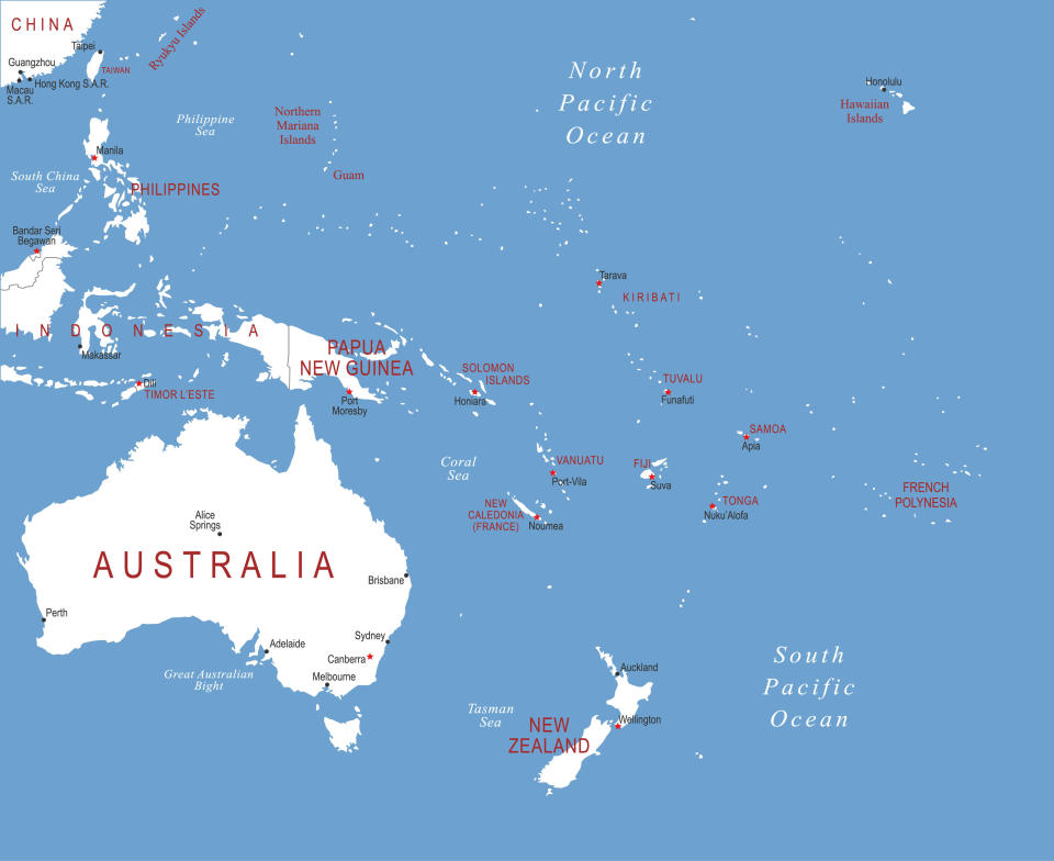 A map shows Australia and the small islands of Oceania, including the French territory of New Caledonia, in the South Pacific Ocean.  / Credit: Getty