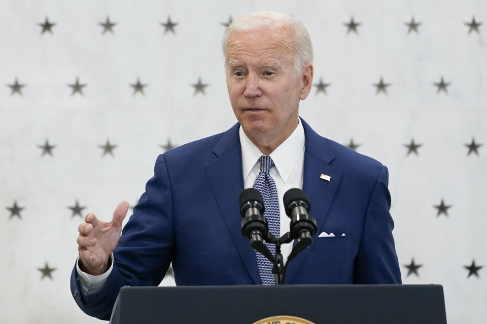 President Joe Biden speaks at the Central Intelligence Agency headquarters in Langley, Va., Friday, July 8, 2022, to thank the workforce and commemorate the agency's achievements over the 75 years since its founding. (AP Photo/Susan Walsh)