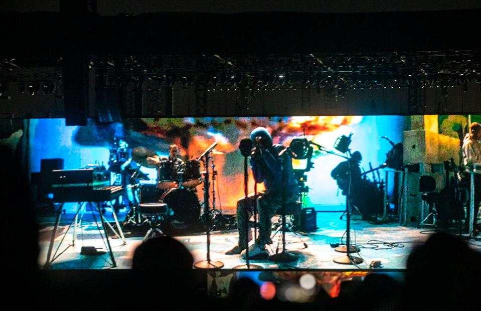 Frank Ocean is seen on the display screen during his headlining set on the Coachella stage during the Coachella Valley Music and Arts Festival at the Empire Polo Club in Indio, Calif., Sunday, April 16, 2023. 