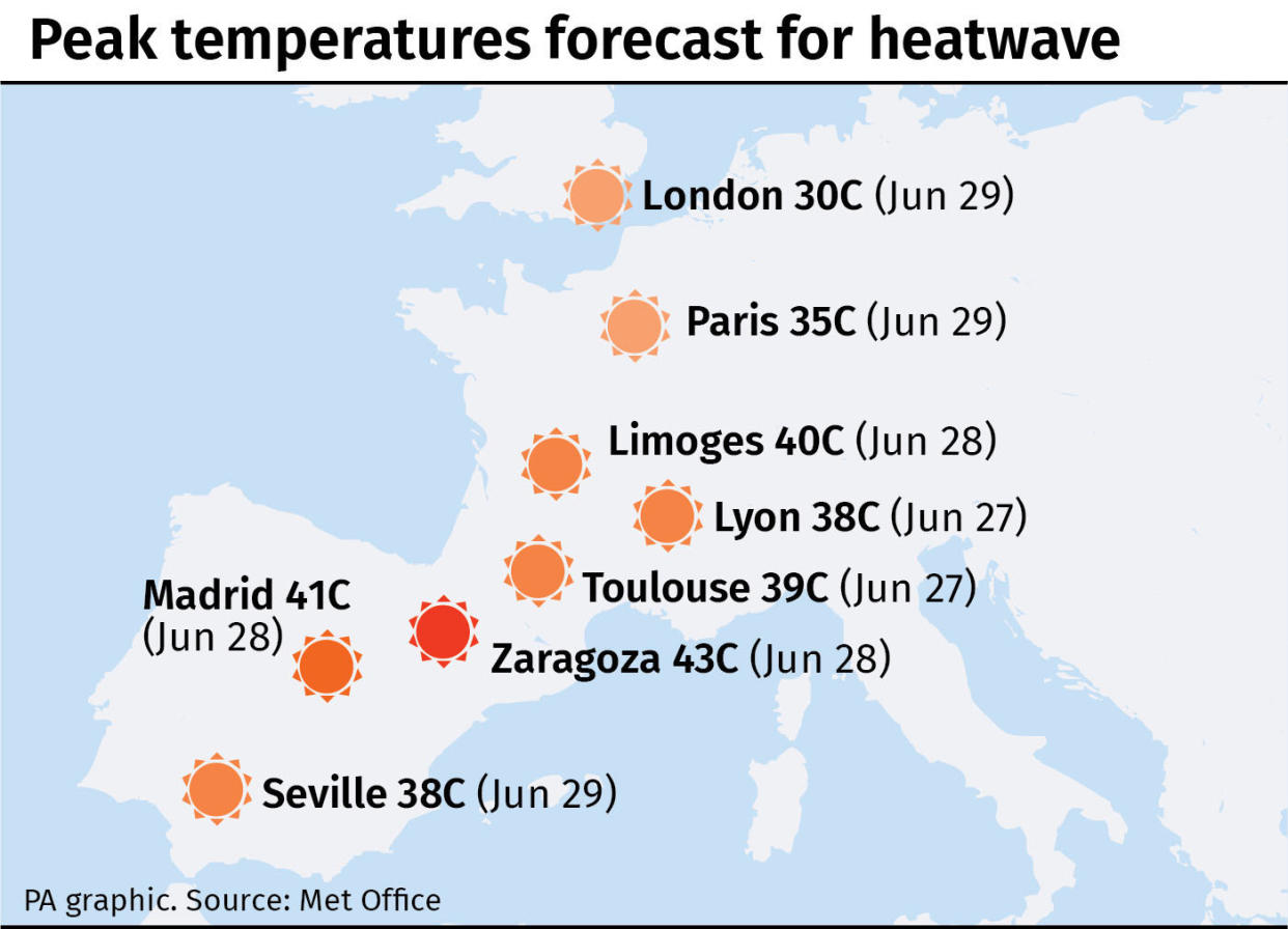 Peak temperatures forecast for heatwave. See story WEATHER Storms. Infographic from PA Graphics