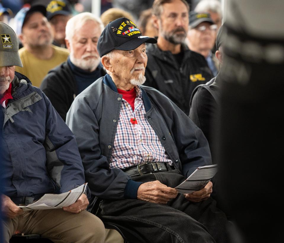 Westerville resident Irwin Kuhns, 96, attends the Veterans Memorial dedication ceremonies Nov. 11 in Westerville. Kuhns was a Higgins boat operator in World War II.