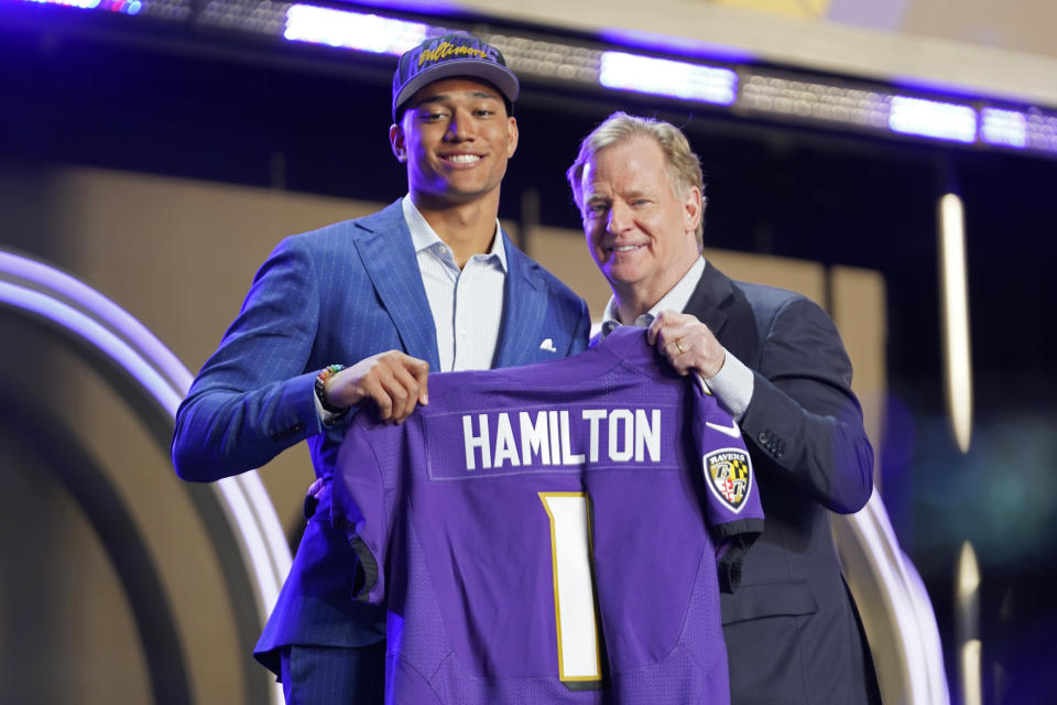 The Ravens stayed put and got a great prospect, as is their habit, in safety Kyle Hamilton. (AP Photo/Steve Luciano)