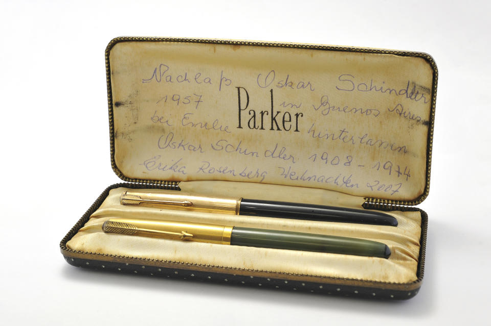 This Feb. 25, 2019 photo shows fountain pens in a case. Several personal possessions of Oskar Schindler, the German industrialist credited with saving the lives of more than 1,000 Jews during World War II, are up for auction. Schindler's Longines wristwatch, a compass he and his wife reportedly used in 1945 as they fled advancing Russian troops, two Parker fountain pens in a case, and several other items are being sold by RR Auction of Boston. The belongings are being sold as a package and are expected to fetch about $25,000 in the auction that ends March 6. (Howard Fohlin/RR Auction via AP)