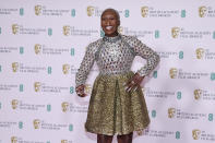 Actress Cynthia Erivo poses for photographers upon arrival at the Bafta Film Awards, in central London, Sunday, April 11 2021. (AP Photo/Alberto Pezzali)