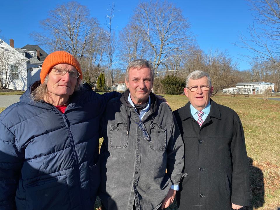 From left, Claude LeBoeuf, Daniel Lewis of Taunton and Road to Recovery co-founder and President Robert Hoatson attend a press conference Wednesday, Dec. 20, 2023, near the former St. Paul's Church in Taunton where Lewis came forward publicly for the first time to talk about his allegations of childhood sexual abuse by a priest, the Rev. Edward J. Byington, in Taunton decades ago. LeBoeuf came forward years ago with allegations of sexual abuse occurring in 1960 at a church in Attleboro by the Rev. James Porter, who pled guilty in 1993 to molesting 28 children throughout the 1960s and 1970s.