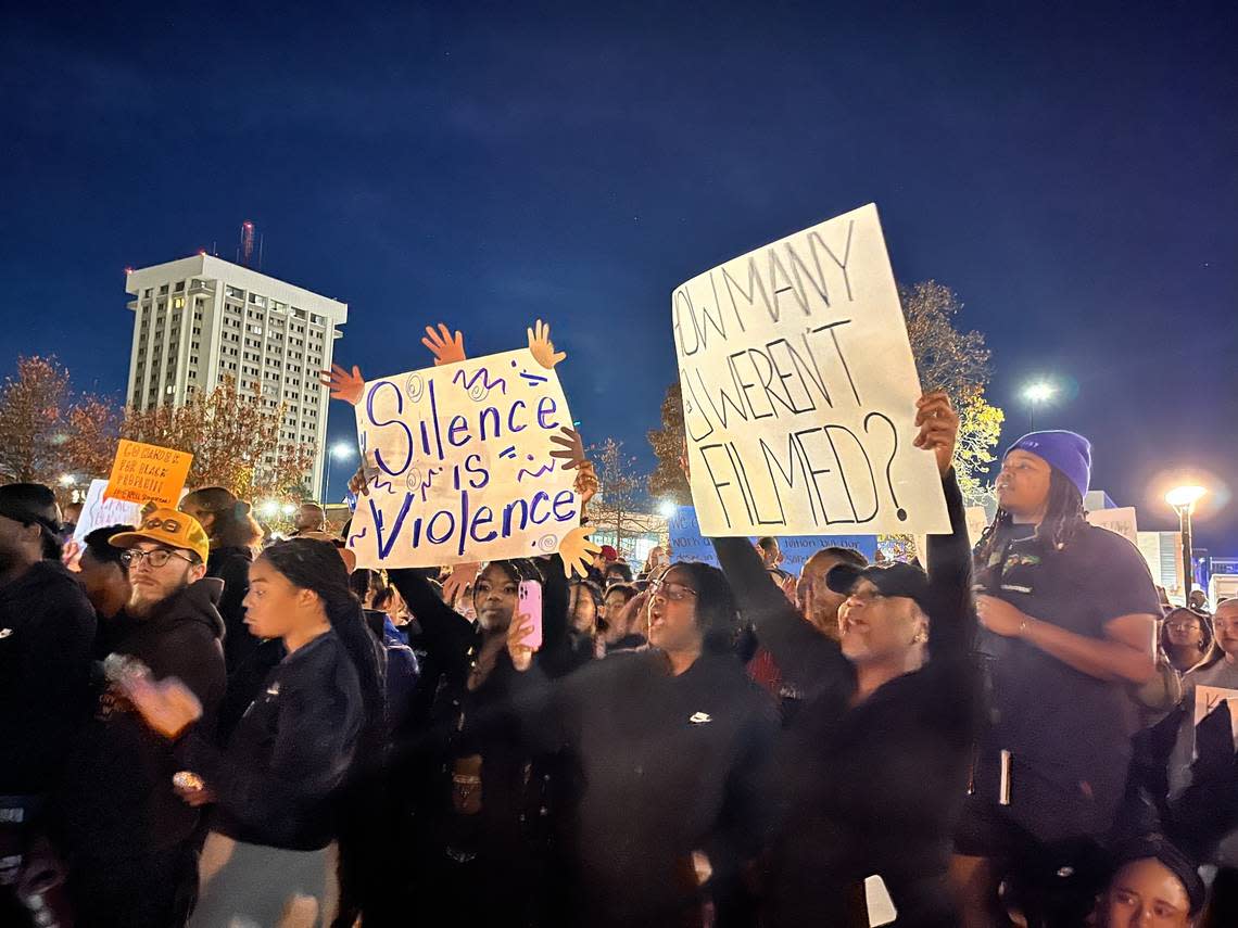 Students gather at a march against racism rally on University of Kentucky’s campus on Nov. 7, 2022. The march was organized after video of a white UK student, Sophia Rosing, saying racist slurs to a Black student desk clerk, Kylah Spring, went viral on social media.