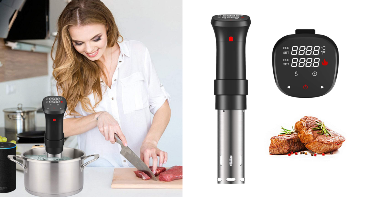 woman chopping meat and using sous vide to cook food, sous vide 