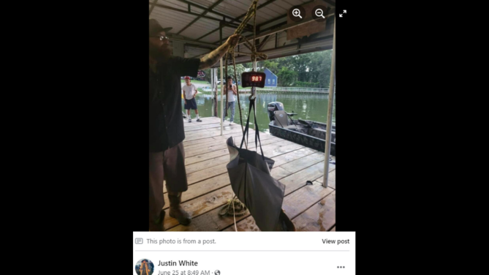 The catfish was weighed using a scale at Duck Cove Marina at Lake Tawakoni.