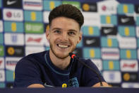 England's Declan Rice speaks to the media during a press conference at at Al Wakrah Sports Complex, in Al Wakrah, Qatar, Thursday, Dec. 1, 2022. (AP Photo/Abbie Parr)
